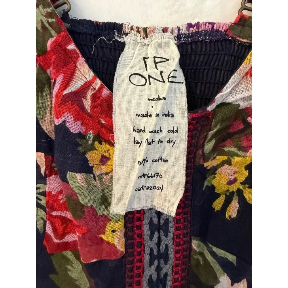 Free People FP One Floral Crop Top Womens Medium Patchwork Embroidered Boho Navy